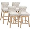 HOMCOM Bar-Height Upholstered Fabric 180°Swivel Stools Set of 4 Cream with Nailhead Trim for Pub Areas