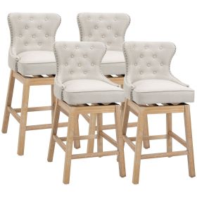 HOMCOM Bar-Height Upholstered Fabric 180°Swivel Stools Set of 4 Cream with Nailhead Trim for Pub Areas