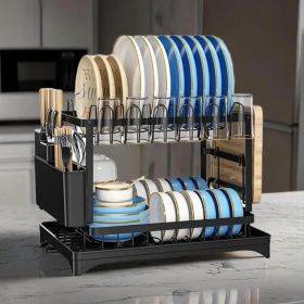 Dish Drainers for Kitchen Counter, 2 Tier Stainless Steel Dish Drying Rack with Drainboard, Dish Rack Drain Set with Utensil Cups Holder and Cutting B