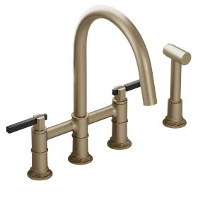 Double Handle 4-Holes Deck Mount Bridge Kitchen Faucet with Side Sprayer Sink Faucet 360 Swivel Spout in Brushed Gold