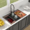 33 Inch Top Mount Drop-In Single Bowl Workstation Gunmetal Black Stainless Steel Kitchen Sink With Bottom Grid and Basket Drain, Roll-Up Drying Rack,