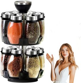 12 Glass Jar Bottles Set Revolving Spice Rack Organizer Storage for kitchen, Spice Stand Holder, Spinning Countertop Herb and Spice Rack Organizer wit