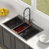 33 Inch Top Mount Drop-In Single Bowl Workstation Gunmetal Black Stainless Steel Kitchen Sink With Bottom Grid and Basket Drain, Roll-Up Drying Rack,