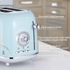 PS688T 2 Slice Bread Machine 6 Browning Levels, Electric Griddle Sandwiches Light Blue Floral SUS304 Food Grade 1.5-Inch Ultra-Wide Slot 3 Functions-T