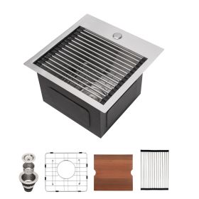 Lordear Gunmetal Black Workstation Kitchen Sink Drop-in Topmount 18 Gauge Stainless Steel Single Bowl Sink (Color: Stainless Steel, size: 15)