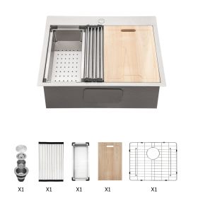 Lordear Gunmetal Black Workstation Kitchen Sink Drop-in Topmount 18 Gauge Stainless Steel Single Bowl Sink (Color: Stainless Steel, size: 25)
