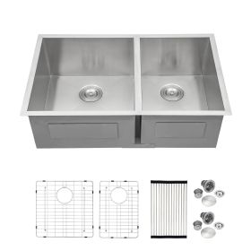 Lordear Undermount Kitchen Sink Double Bowl 18 Gauge Gunmetal Black Stainless Steel Sink (Color: Stainless Steel, size: 32-6/4)
