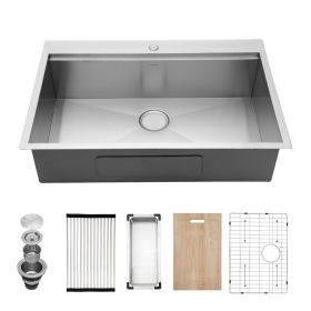 Lordear Gunmetal Black Workstation Kitchen Sink Drop-in Topmount 18 Gauge Stainless Steel Single Bowl Sink (Color: Stainless Steel, size: 33)