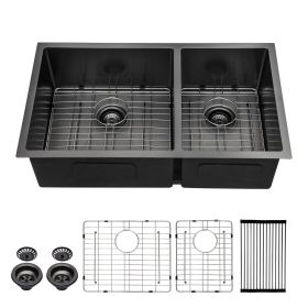 Lordear 33 Inch Undermount Kitchen Sink Double Bowl 16 Gauge Stainless Steel Gunmetal Black Sink (Design: 60/40)