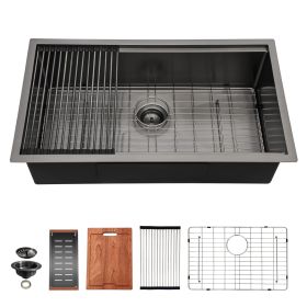 Undermount Kitchen Sink Single Bowl 16 Gauge Stainless Steel Workstation Sink Brushed Nickel /Gunmetal Black (Design: Black with workstation, size: 33)