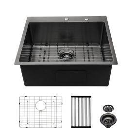Lordear 16 Gauge Kitchen Sink Drop-in Topmount Single Bowl Gunmetal Black Stainless Steel Sink (Color: Gunmetal Black, size: 30)