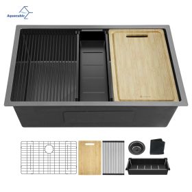 Aqucubic Gunmetal Black Handmade 304 Stainless Steel Undermount Kitchen Sink with Accessories and faucet (Thickness: 18 Gauge, Color: ACS3019A1-W)