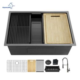 Aqucubic Gunmetal Black Handmade 304 Stainless Steel Undermount Kitchen Sink with Accessories and faucet (Thickness: 18 Gauge, Color: ACS2719A1-FW)