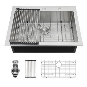 Top Mount Stainless Steel Drop In Single Bowl Kitchen Sink with Bottom Grid, Strainer, Roll-up Drying Rack(30in.*22in.*10in.)(33in.*22in.*10in.) (size: 30"x22"x10")