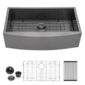 30-inch/33-inch/36-inch Single Bowl 18-Gauge T-304 Stainless Steel Gunmetal Black Undermount Farmhouse Apron Front Kitchen Sink (Color: Gunmetal Black, size: 33 in. * 21 in. * 9 in.)