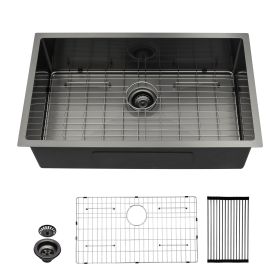Undermount Kitchen Sink Single Bowl 16 Gauge Stainless Steel Workstation Sink Brushed Nickel /Gunmetal Black (Design: Black, size: 32)