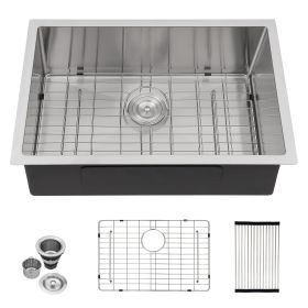 Undermount Kitchen Sink Single Bowl 16 Gauge Stainless Steel Workstation Sink Brushed Nickel /Gunmetal Black (Design: Stainless Steel Brushed, size: 28)