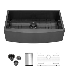 Farmhouse Apron Handmade Stainless Steel Kitchen Sink, Apron Front Single Bowl Bar Sink with Drain Kit (Color: Gunmetal Black, size: 33"x20")