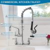 Commercial Faucet with Pre-Rinse Sprayer, 8 Inch Center Wall Mount Kitchen Faucet with Pull Down Spray, Swivel Spout for Restaurant 1-2 Compartment Si