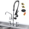 Commercial Faucet with Pre-Rinse Sprayer, 8 Inch Center Wall Mount Kitchen Faucet with Pull Down Spray, Swivel Spout for Restaurant 1-2 Compartment Si